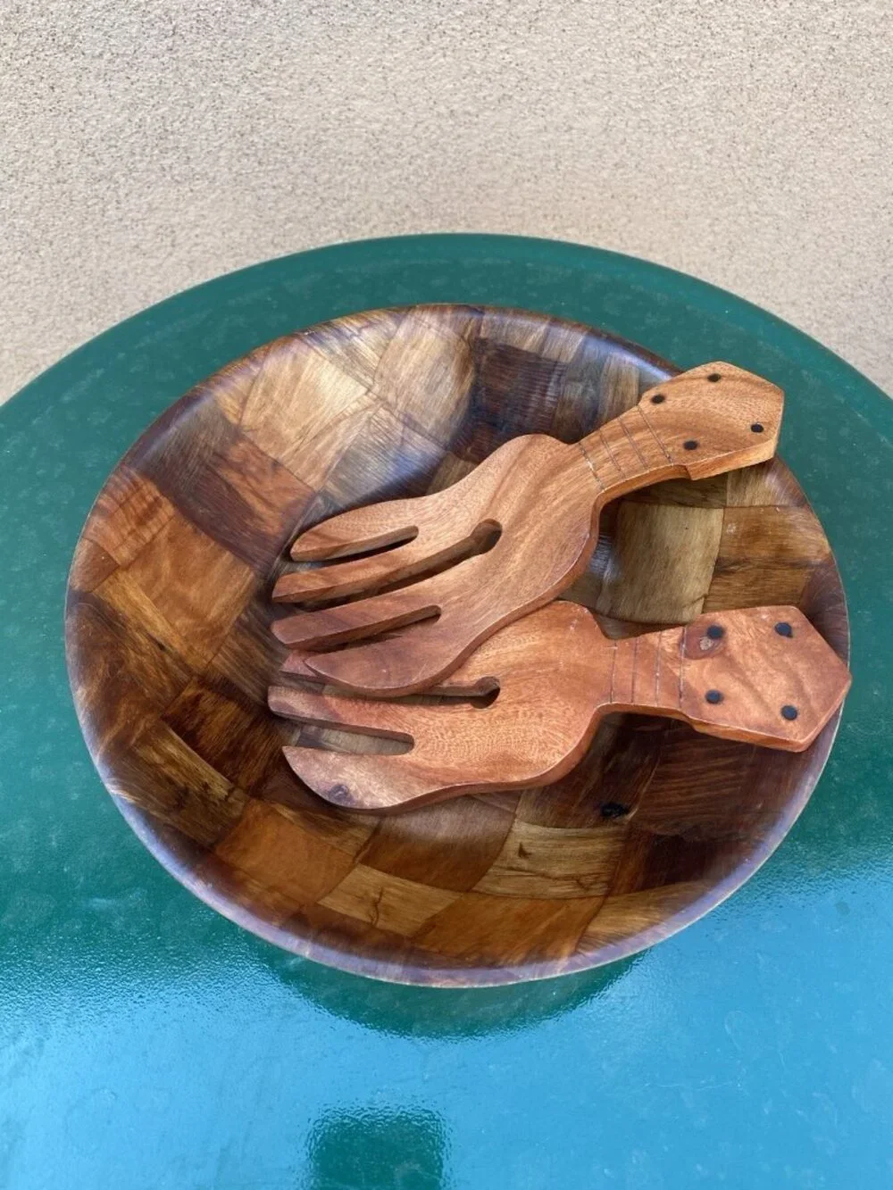 Wood Parquet Salad Fruit Bowl Wood Hand Salad Servers MCM